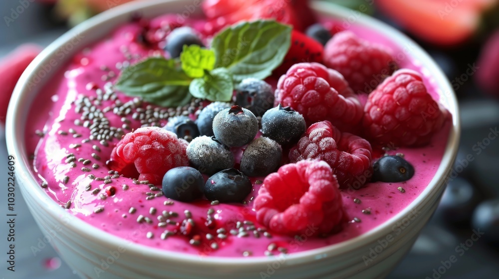 Colorful berry smoothie bowl topped with fresh fruits and mint leaves on a dark background Colorful berry smoothie bowl topped with fresh fruits and mint leaves on a dark background