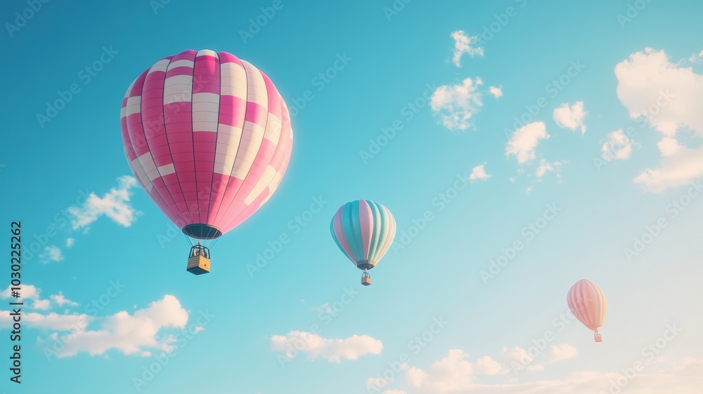 Fototapeta premium Three hot air balloons in a blue sky.