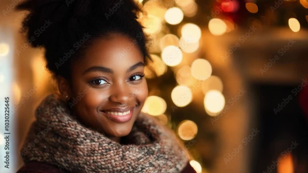 A joyful black lady in a cozy scarf smiles warmly during a festive Christmas next to a beautifully decorated tree A joyful black lady in a cozy scarf smiles warmly during a festive Christmas next to a beautifully decorated tree