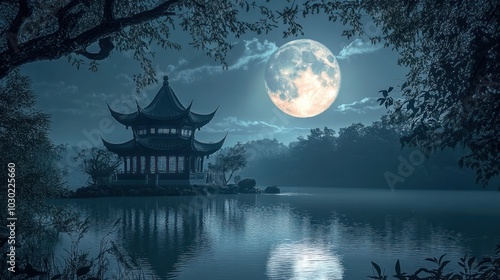 A traditional Chinese pagoda stands on a tranquil lake under a full moon. The building is reflected in the still water.