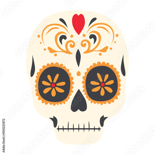 Mexican sugar skull. Day of the Dead Skull. Dia de los Muertos. Design element for logo, emblem, sign, poster, card, banner. Vector illustration isolated on white background.