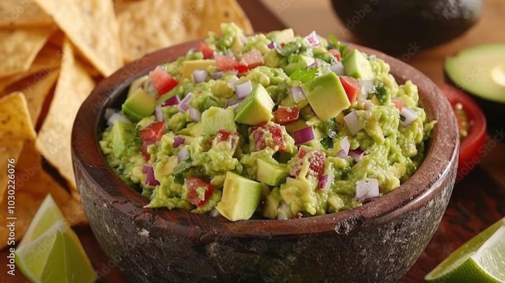 Guacamole Dip with Tortilla Chips, Lime Wedges, and Avocado Slices Guacamole Dip with Tortilla Chips, Lime Wedges, and Avocado Slices