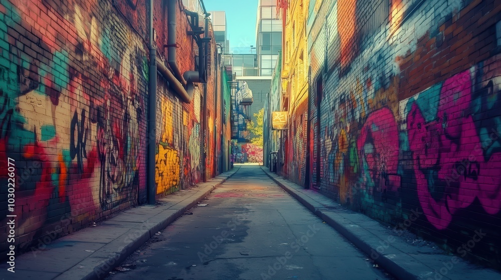 Fototapeta premium Graffiti-covered alleyway with a narrow, paved path.