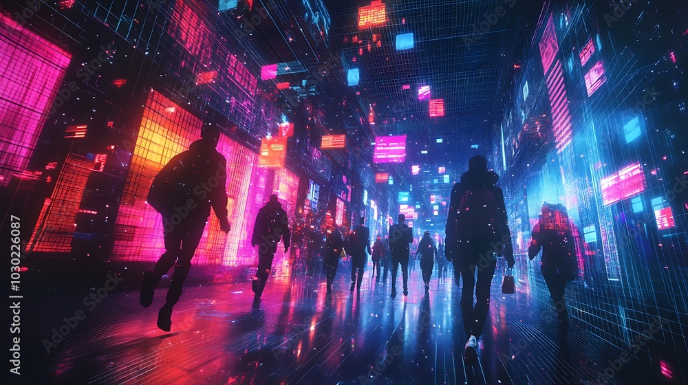A stylized cyber-themed portal glowing with neon lights, shoppers jumping through into a digital Black Friday landscape, floating discount tags and holographic products, A stylized cyber-themed portal glowing with neon lights, shoppers jumping through into a digital Black Friday landscape, floating discount tags and holographic products,