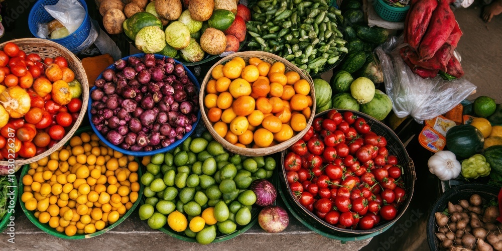 Assortment of fresh fruits and vegetables on display. Assortment of fresh fruits and vegetables on display.