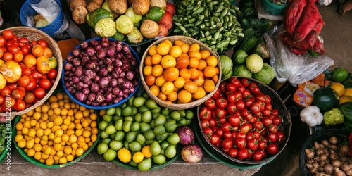 Assortment of fresh fruits and vegetables on display.