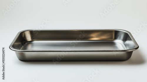 A silver pan is sitting on a white background