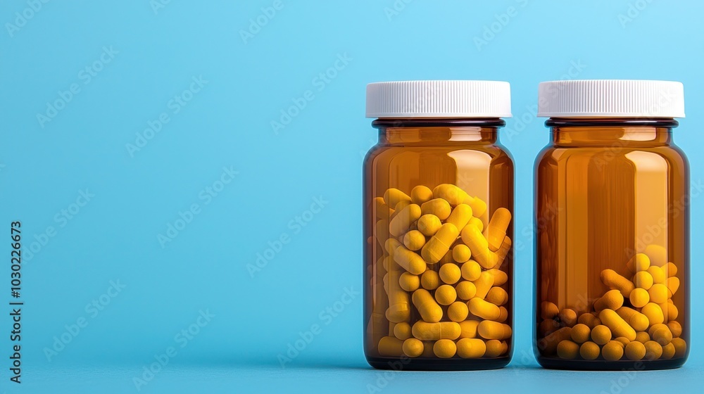 Bottles of Yellow Capsules on Blue Background Bottles of Yellow Capsules on Blue Background