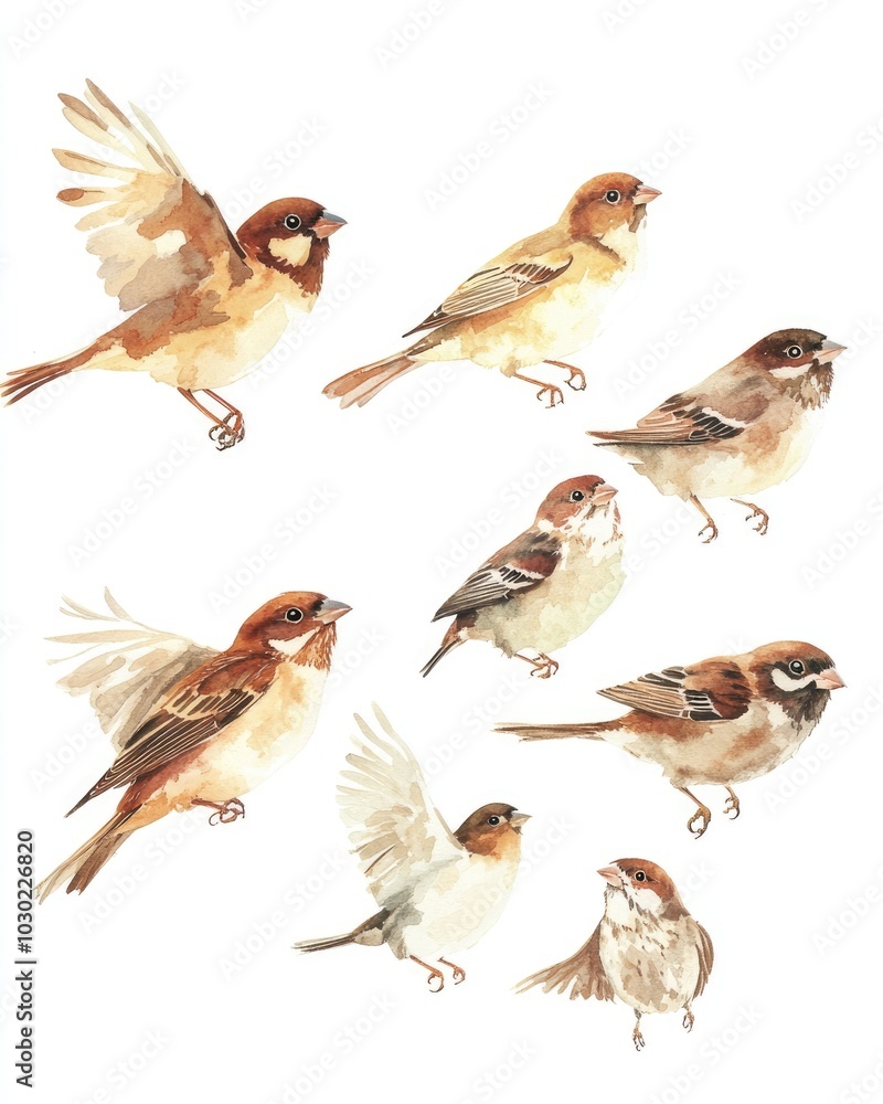 Fototapeta premium Watercolor Sparrows Celebrating the Number Seven in Vibrant Colors