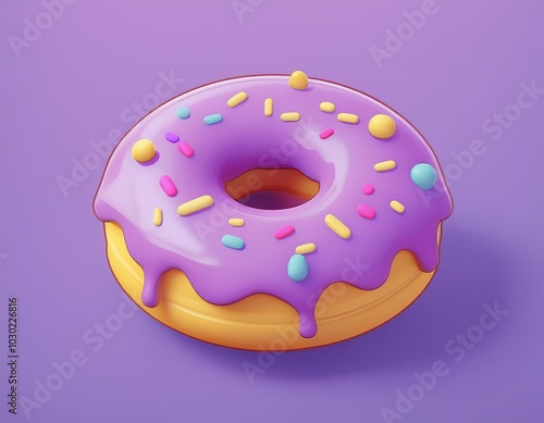 A purple glazed donut with sprinkles, 3D illustration