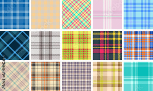 A collection of trendy plaid patterns with geometric checks, perfect for textile, fabric, wallpaper, or clothing designs.