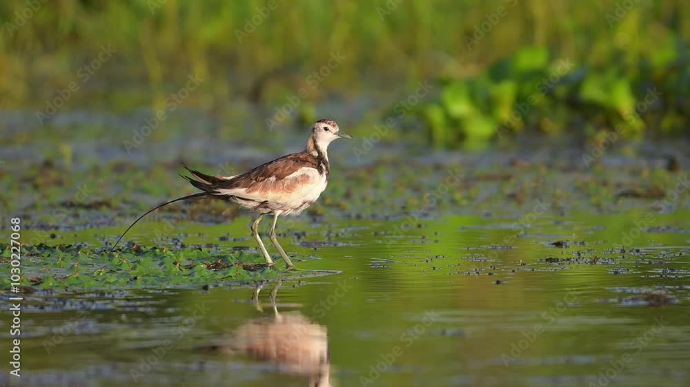 A Jacana bird stands in shallow water with green vegetation in the background, its reflection visible on the surface. A Jacana bird stands in shallow water with green vegetation in the background, its reflection visible on the surface.