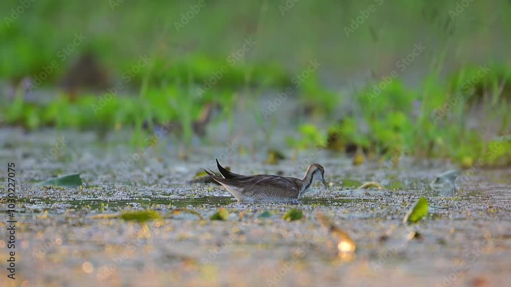 A Pheasant Tailed Jacana bird swims through a marsh wetland, its head tilted as it searches for food in the murky water. A Pheasant Tailed Jacana bird swims through a marsh wetland, its head tilted as it searches for food in the murky water.