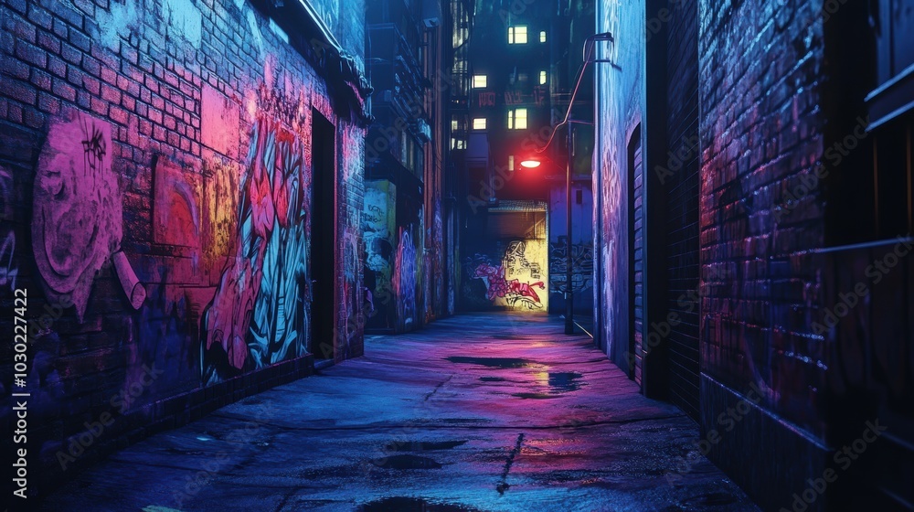 Dark alley with graffiti lit by neon lights. Dark alley with graffiti lit by neon lights.