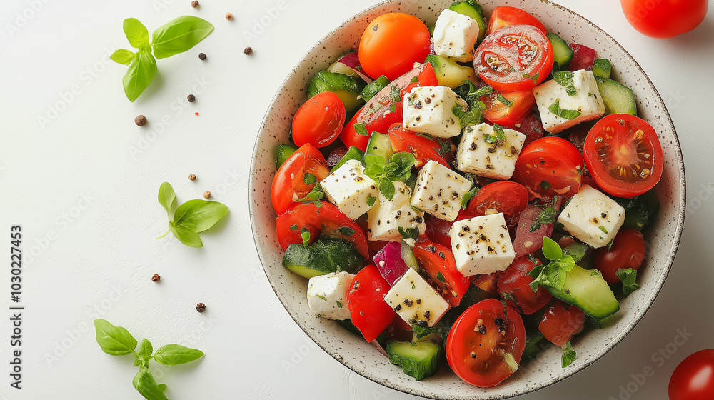 Greek salad, fresh vegetables with feta cheese, isolated on white background, minimalistic design, vibrant colors, traditional Greek recipe Greek salad, fresh vegetables with feta cheese, isolated on white background, minimalistic design, vibrant colors, traditional Greek recipe