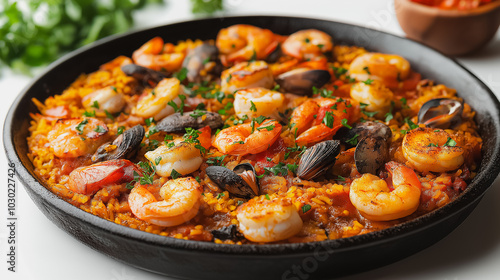 Spanish paella, saffron rice with seafood, isolated on white background, traditional Spanish dish, vibrant colors, simple presentation