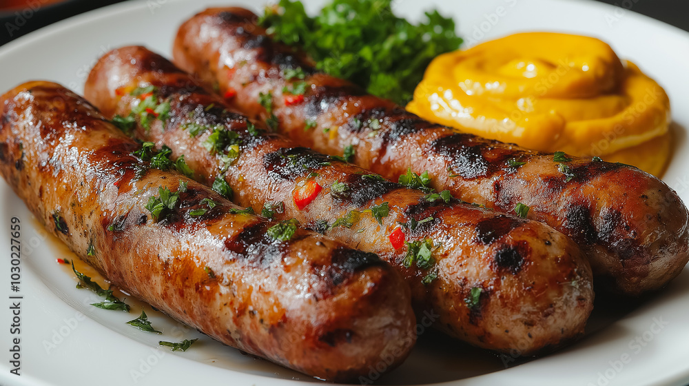 German bratwurst, grilled sausage with mustard, isolated on white background, traditional German cuisine, simple plating German bratwurst, grilled sausage with mustard, isolated on white background, traditional German cuisine, simple plating