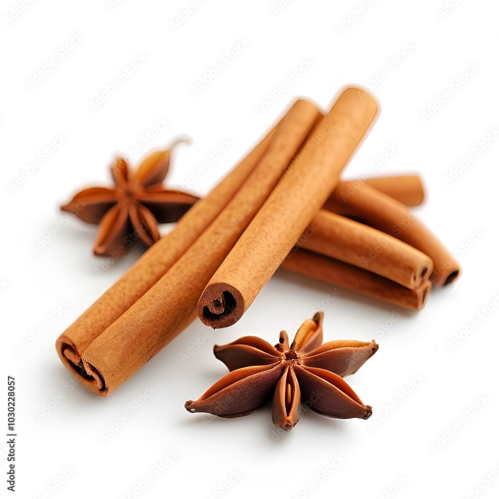 Cinnamon sticks and star anise arranged on a white background, showcasing their rich textures and warm colors. Cinnamon sticks and star anise arranged on a white background, showcasing their rich textures and warm colors.
