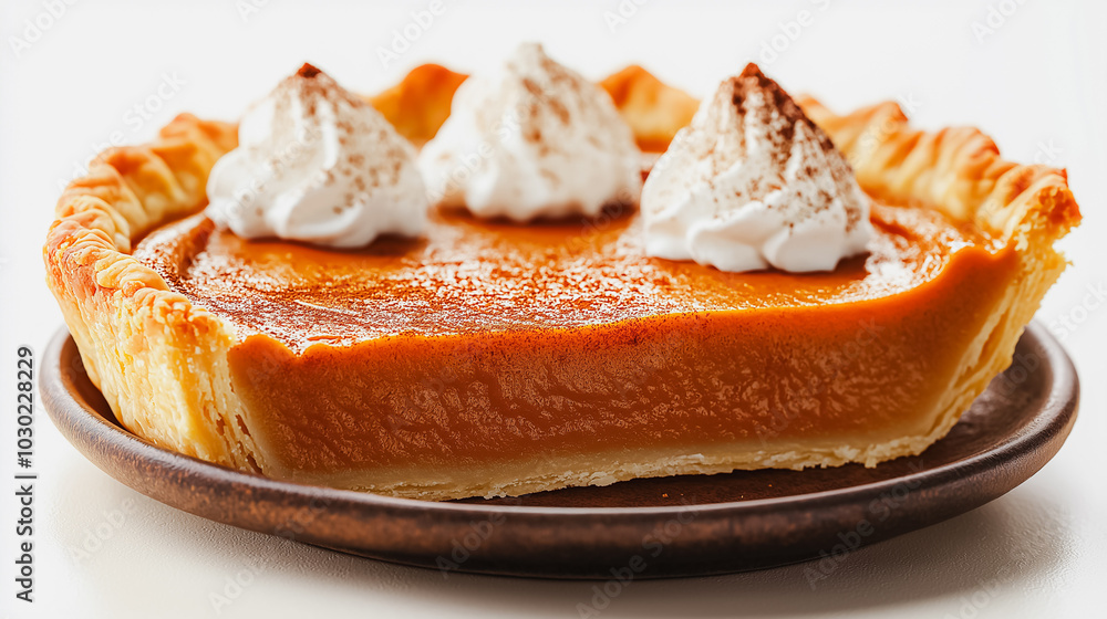 American pumpkin pie, spiced filling with crust, isolated on white background, traditional American dessert, simple and clean presentation American pumpkin pie, spiced filling with crust, isolated on white background, traditional American dessert, simple and clean presentation