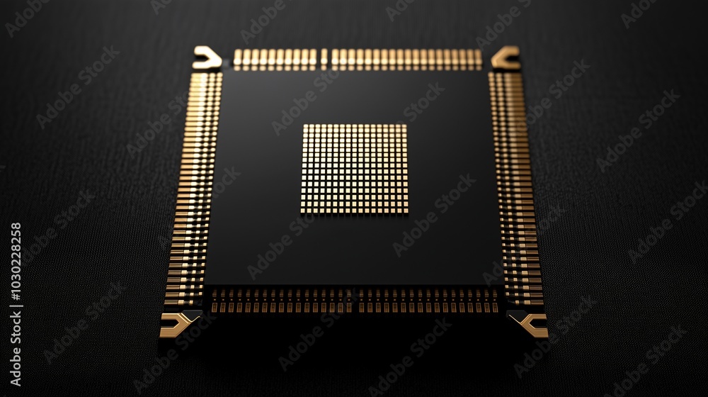 Close-up of a microchip with gold details on a black surface, representing technology and electronics Close-up of a microchip with gold details on a black surface, representing technology and electronics