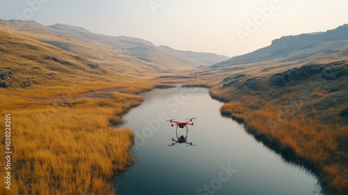 Drone Flying Over a Serene Mountain Lake photo