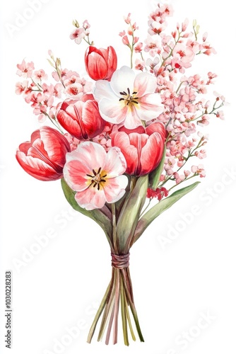 Watercolor Tulip Bouquet. Spring Floral Greeting Card with Hand-drawn Sakura Blossoms
