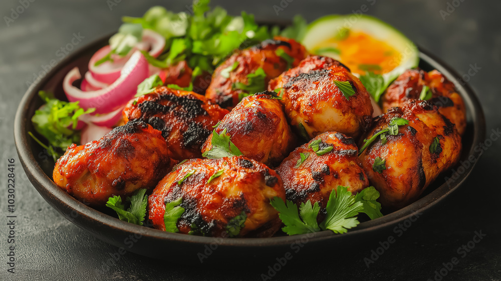 Indian tandoori chicken, spiced grilled meat, isolated on white background, traditional Indian dish, simple and clean presentation Indian tandoori chicken, spiced grilled meat, isolated on white background, traditional Indian dish, simple and clean presentation
