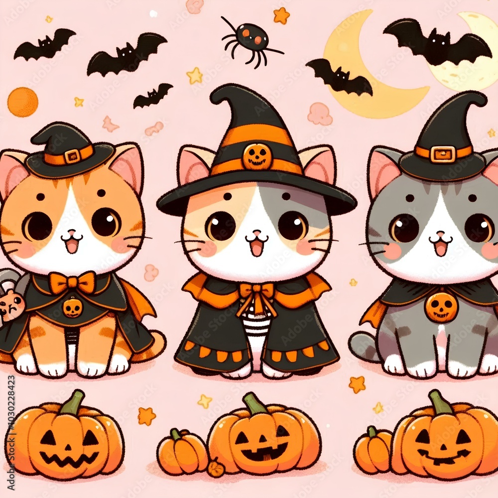 cats in halloween uniforms halloween theme. cute kawaii. cats in halloween uniforms halloween theme. cute kawaii.