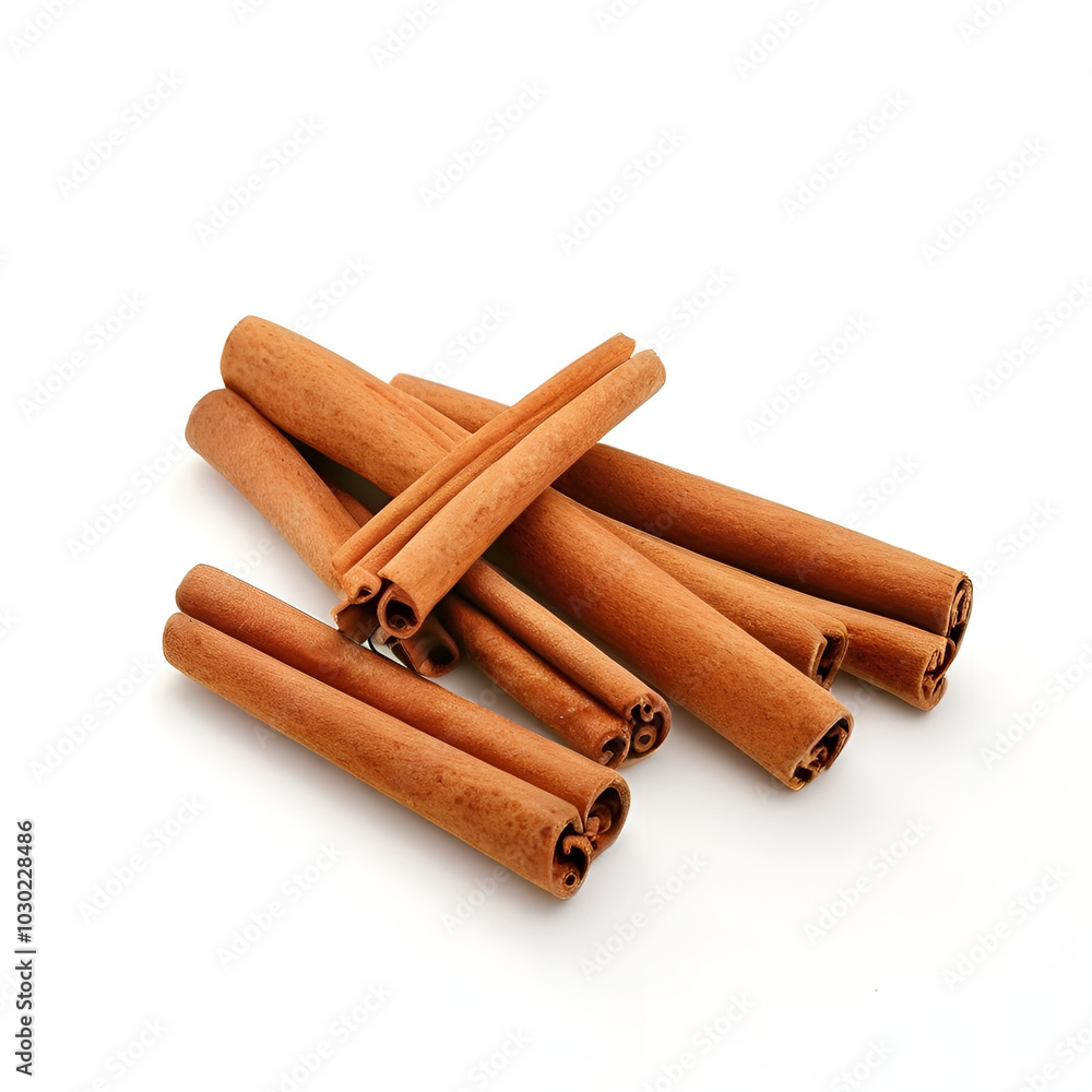 A few cinnamon sticks positioned on a white background, emphasizing their aromatic appeal and distinctive texture. A few cinnamon sticks positioned on a white background, emphasizing their aromatic appeal and distinctive texture.