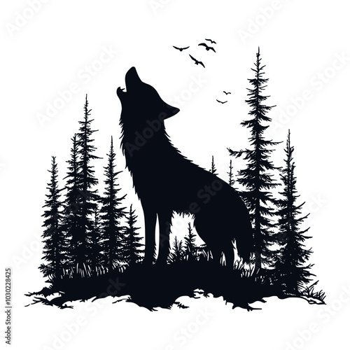 silhouette of wolf howling to the moon isolated vector illustration