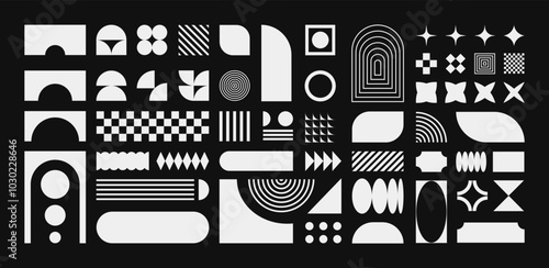 Abstract retro shapes, basic brutal forms and figures in Y2K aesthetics, white vintage stickers, logos, labels. Decorative design elements, vector illustration.