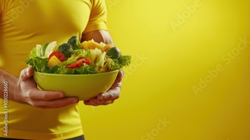 A man in sportswear holds a bowl of fresh salad, featuring colorful vegetables with yellow background