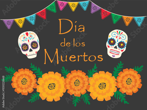 Marigold flowers, paper flags and sugar skull on day of dead, vector banner. Dia de Los Muertos holiday fiesta background with Mexican calavera skulls and floral ornament for greeting card