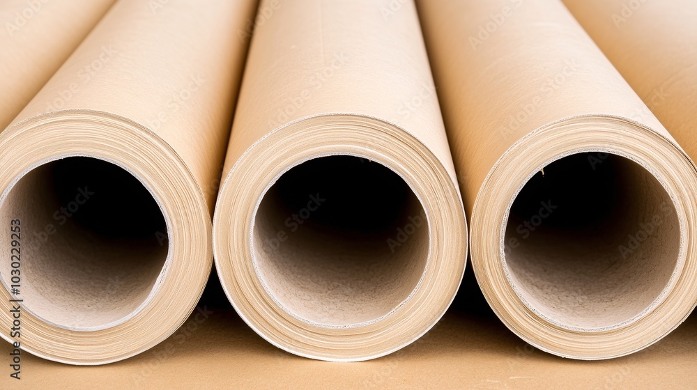 Close-up of multiple cardboard rolls arranged in a row, suitable for packaging or manufacturing concepts Close-up of multiple cardboard rolls arranged in a row, suitable for packaging or manufacturing concepts