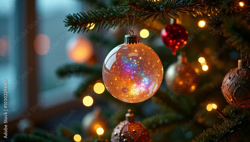 A close-up of a futuristic ornament hanging from a traditional Christmas tree A close-up of a futuristic ornament hanging from a traditional Christmas tree