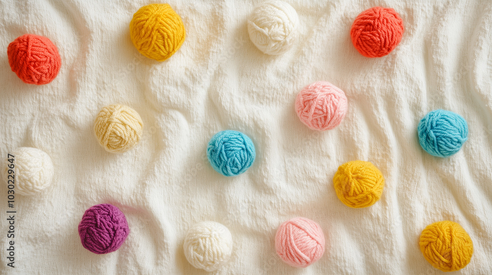 Colorful yarn balls arranged randomly on soft white fabric textured background, top view Colorful yarn balls arranged randomly on soft white fabric textured background, top view