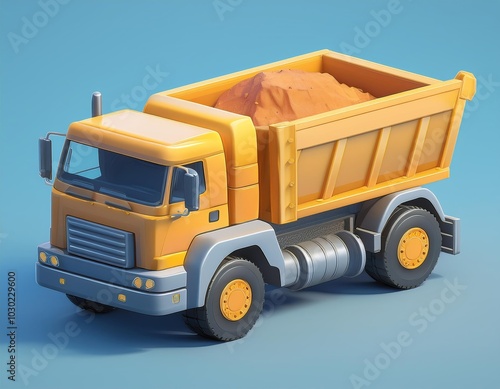 A yellow dump truck filled with dirt, 3D illustration