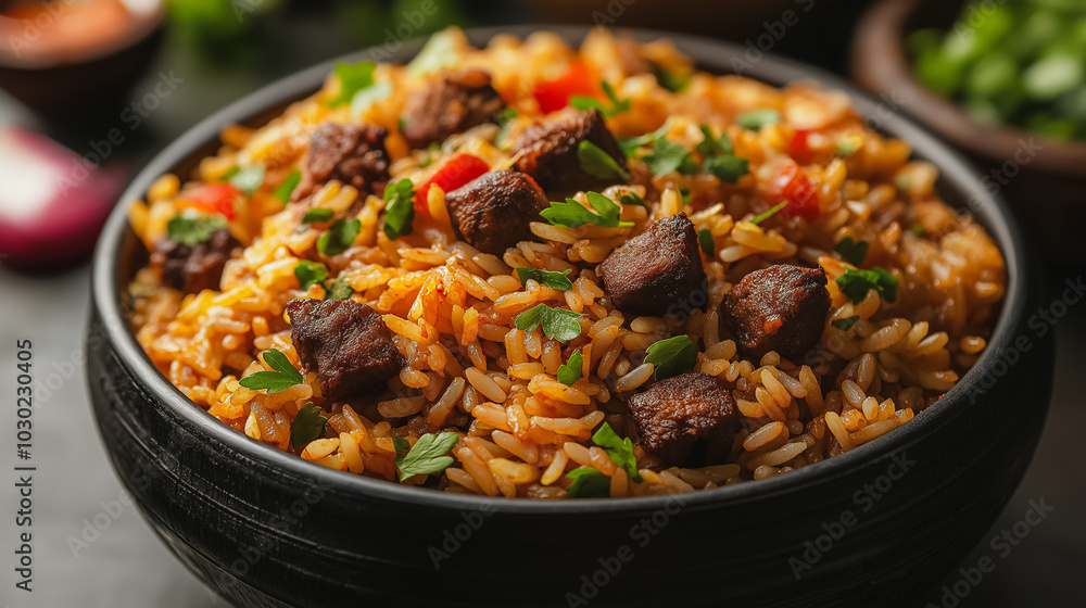 Indian biryani, spiced rice with meat, isolated on white background, traditional Indian dish, simple and clean presentation Indian biryani, spiced rice with meat, isolated on white background, traditional Indian dish, simple and clean presentation