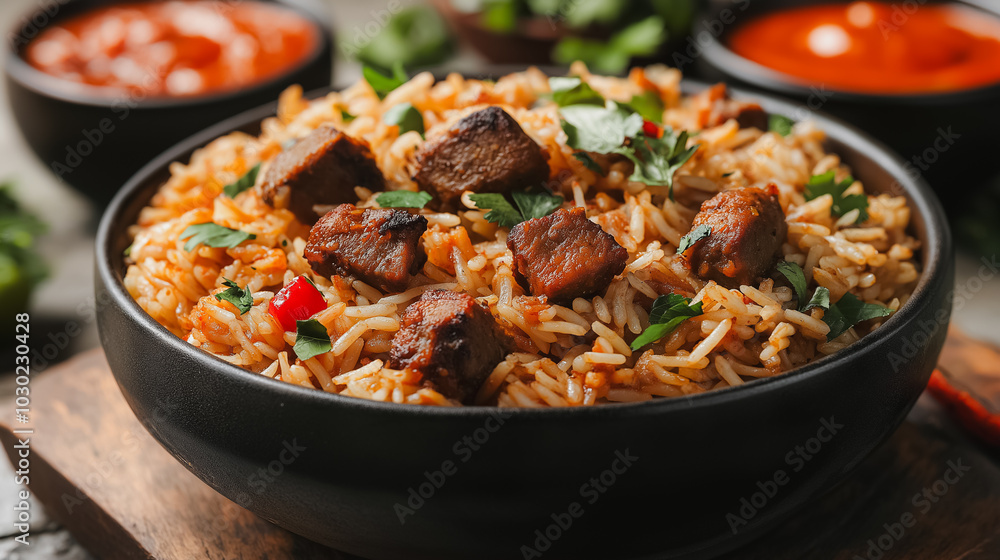Indian biryani, spiced rice with meat, isolated on white background, traditional Indian dish, simple and clean presentation Indian biryani, spiced rice with meat, isolated on white background, traditional Indian dish, simple and clean presentation