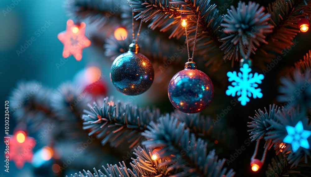 A close-up of a cybernetic Christmas tree, its branches composed of intricate circuitry and glowing LEDs