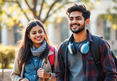 Happy young indian students with backpacks and headphones near university building. Learn foreign language, education, studentship and study abroad concept.