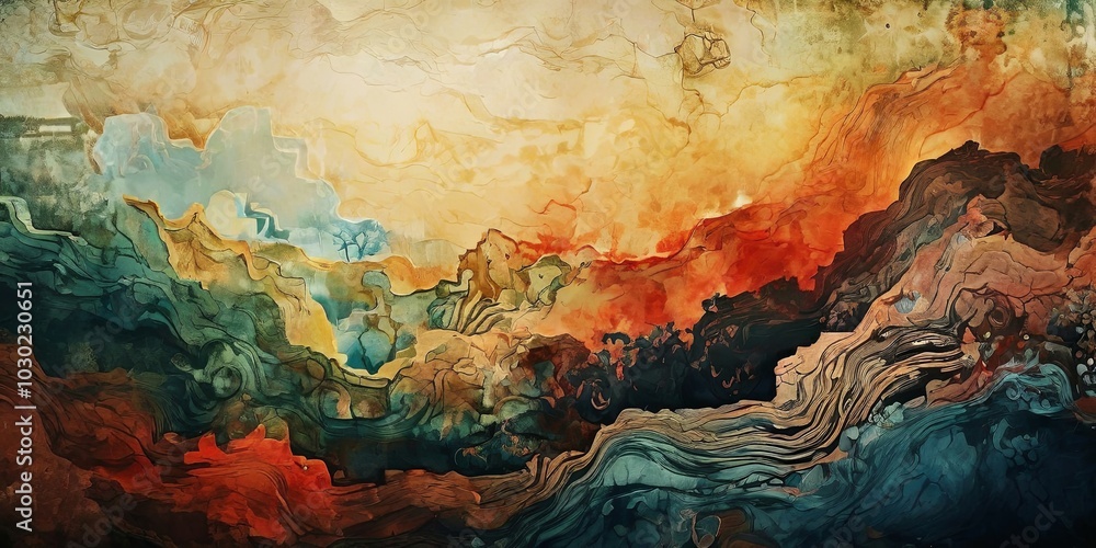 Naklejka premium A painting of a mountain range with a blue sky in the background