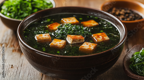 Japanese miso soup, broth with tofu and seaweed, isolated on white background, traditional Japanese dish, simple and clean presentation