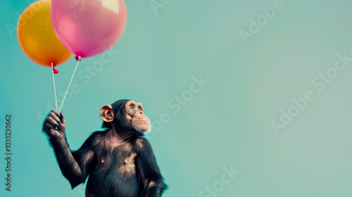 Chimpanzee holding two colorful balloons in studio setting photo