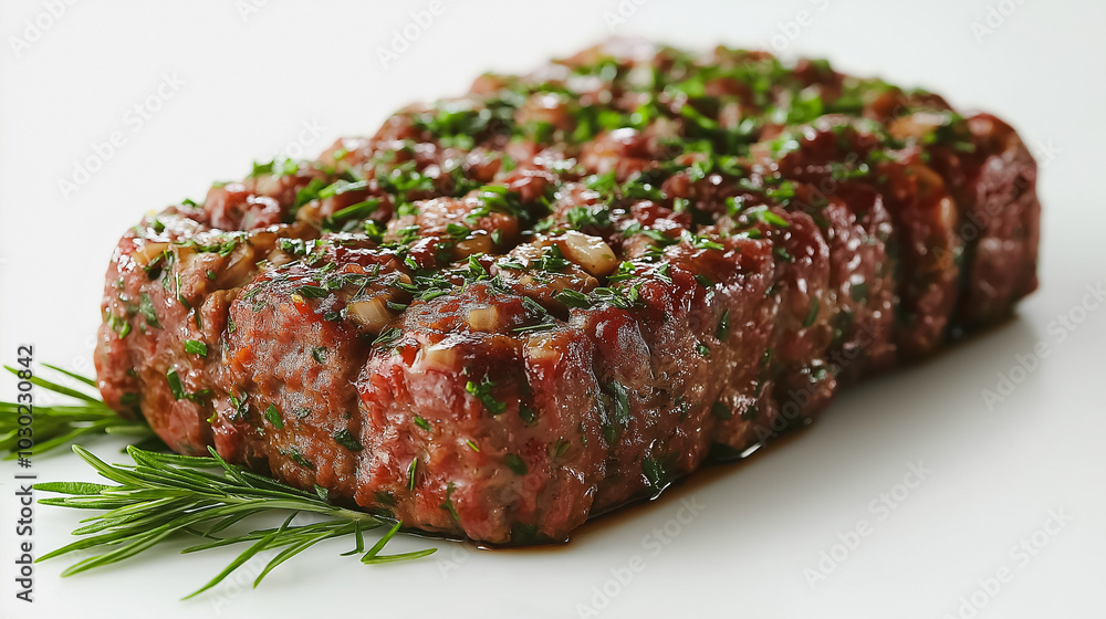 American meatloaf, hearty ground beef dish, isolated on white background, traditional American dish, simple and clean presentation