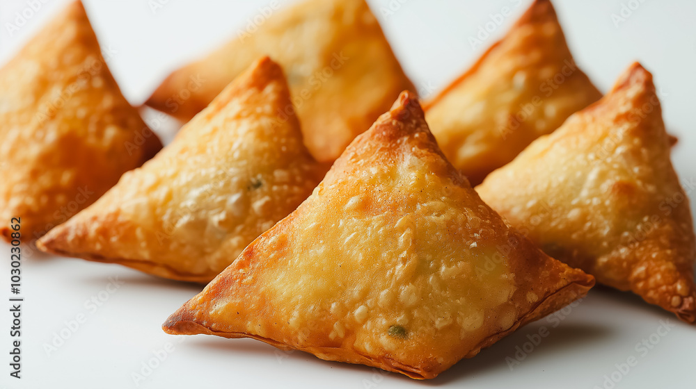 Indian samosas, spiced potato pastries, isolated on white background, traditional Indian snack, simple and clean presentation Indian samosas, spiced potato pastries, isolated on white background, traditional Indian snack, simple and clean presentation