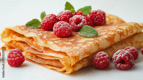 French crêpes, thin pancakes with fruit toppings, isolated on white background, traditional French dish, simple and clean presentation