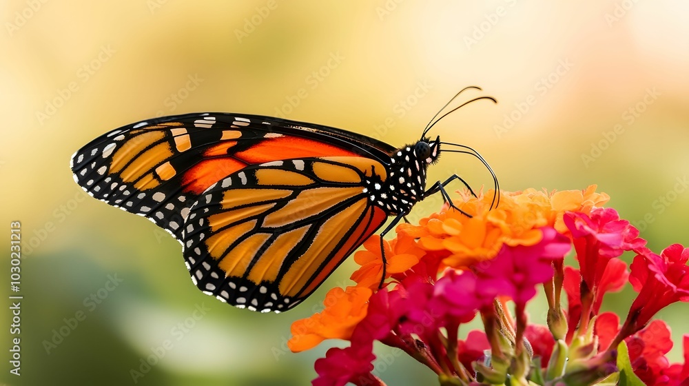 A vibrant monarch butterfly perched on colorful flowers, showcasing its striking orange and black wings against a soft, blurred background. A vibrant monarch butterfly perched on colorful flowers, showcasing its striking orange and black wings against a soft, blurred background.