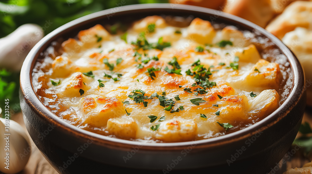 A bowl of food with a lot of cheese and parsley A bowl of food with a lot of cheese and parsley