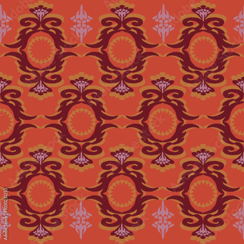 Orange and brown broidery, motif ethnic ikat seamless textile illustration, print striped ornament, pattern, design for wrapping, silk, scarf, clothing, background, textile, carpets, curtains.